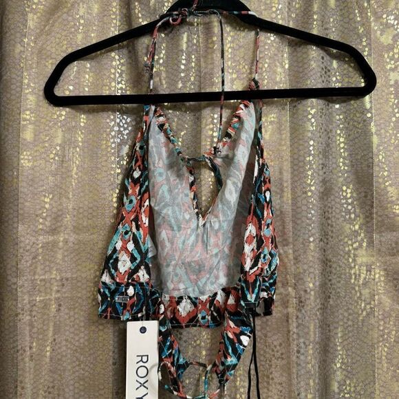 Roxy Tribal Boho Blue Black Orange Tie Back Cropped Halter Top Med NWT - Picture 2 of 7